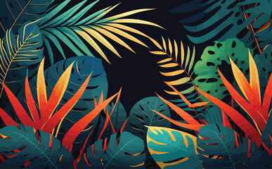 Bright tropical background with jungle plants. Vector exotic pattern with palm leaves.