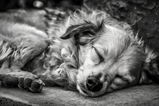 Black and white image of a little mongrel dog sleeping. Generative AI