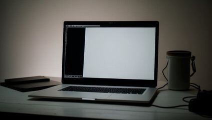 Desk laptop monitor with white screen with place for text, generative ai