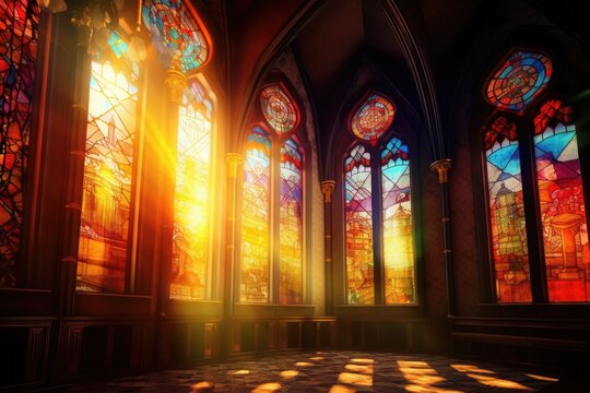Sunlight streaming through high stained glass windows constructed of many colors of glass in the inside of a palace. Image of a dark fantasy interior. Generative AI
