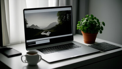 Desk laptop monitor with stock charts in the screen, on the table in the office, generative ai