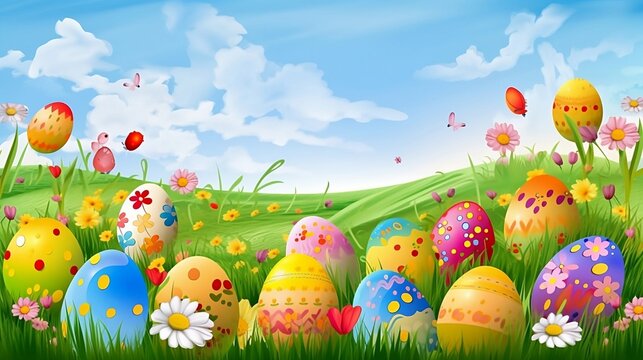 Vibrant Easter Eggs Sprinkle a Cheerful Spring Field Under Blue Skies - Ai Art