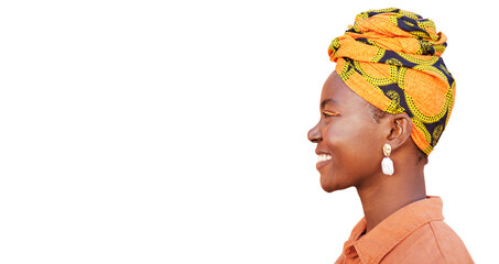 Profile, black woman and smile with head wrap and natural beauty isolated on transparent png...