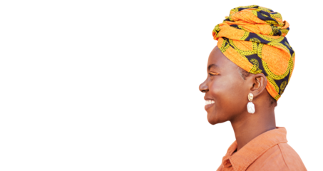 Profile, black woman and smile with head wrap and natural beauty isolated on transparent png background. Jamaican female and girl with traditional headscarf for culture, stylish makeup and mockup