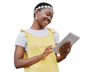 Tablet, social media and black woman reading online blog while isolated on a transparent png background. Tech of happy girl streaming video or browsing and search for an app subscription