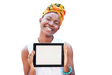 Portrait of black woman, tablet and screen, mockup or web space for digital marketing, advertising...