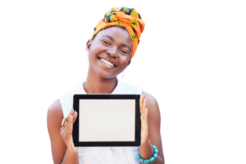 Portrait of black woman, tablet and screen, mockup or web space for digital marketing, advertising or branding app isolated on transparent png background. Happy girl, technology and mock up for logo