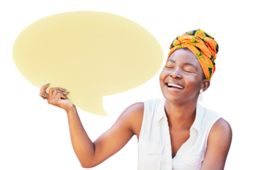 Speech bubble, communication and social media with black woman on mockup for news, vote or review isolated on transparent png background. Design, contact and chat sign with board for voice or opinion