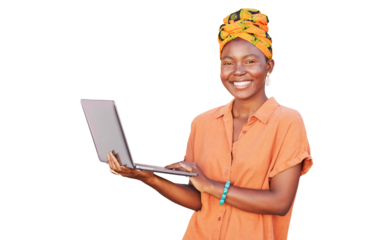 Happy, black woman and laptop for reading fashion blog, spring online shopping or post to social media isolated on a transparent png background. Smile of elegant African girl browsing with computer