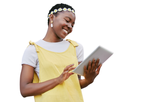 Tablet, social media and black woman reading online blog while isolated on a transparent png background. Tech of happy girl streaming video or browsing and search for an app subscription