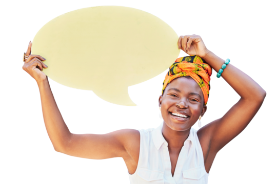 Speech bubble, communication and social media with black woman on mockup for news, vote or review isolated on transparent png background. Design, contact and chat sign with board for voice or opinion