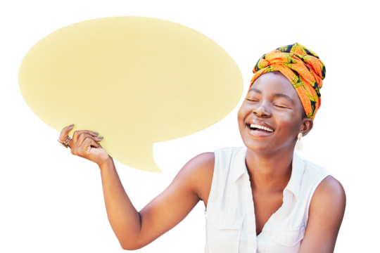 Speech bubble, communication and social media with black woman on mockup for news, vote or review isolated on transparent png background. Design, contact and chat sign with board for voice or opinion