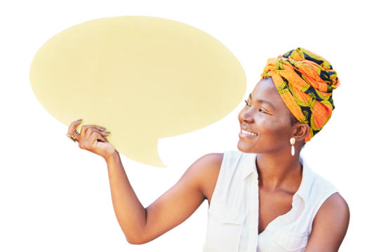 Speech bubble, communication and social media with black woman on mockup for news, vote or review isolated on transparent png background. Design, contact and chat sign with board for voice or opinion