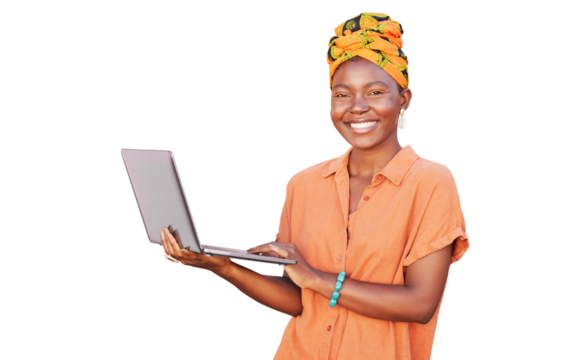 Happy, black woman and laptop for reading fashion blog, spring online shopping or post to social media isolated on a transparent png background. Smile of elegant African girl browsing with computer