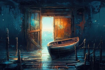 Imaginary landscape with a boat abandoned on the coast close to a mysterious door, painted in digital style. Generative AI