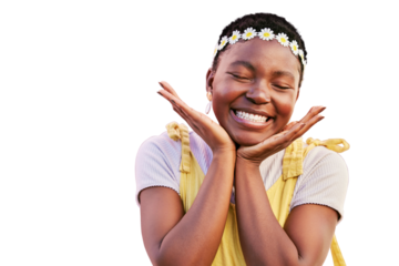 Black woman, flower crown and smile in portrait isolated on a transparent png background for natural beauty and joy. Happy african girl, hands and face for hippie glow and flowers for spring