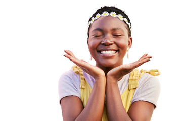 Black woman, flower crown and smile in portrait isolated on a transparent png background for...