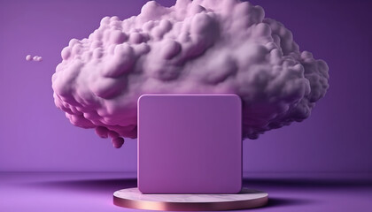 Violet Modern Minimal Podium with pink clouds for show product. Violet scene showcase mockup with empty round stage. 3D realistic illustration. Based on Generative AI