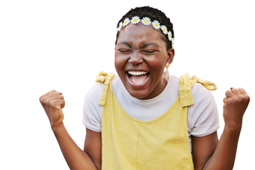 Happy, black woman and excited, success and winner scream yes, celebrate and cheers isolated on a transparent png background. Happiness, motivation and positive mindset with fist for achievement