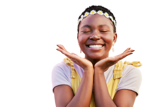 Black woman, flower crown and smile in portrait isolated on a transparent png background for natural beauty and joy. Happy african girl, hands and face for hippie glow and flowers for spring