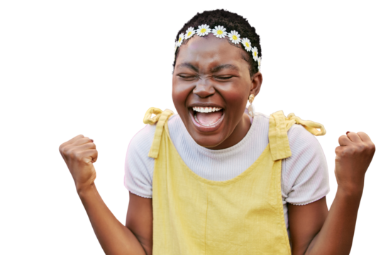 Happy, black woman and excited, success and winner scream yes, celebrate and cheers isolated on a transparent png background. Happiness, motivation and positive mindset with fist for achievement