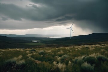 wind turbine in beautiful landscape with storm raising up - generative ai