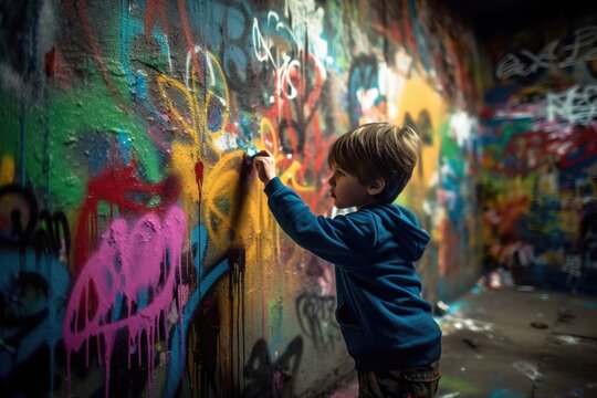 young boy painting on graffiti wall with chalk - generative ai