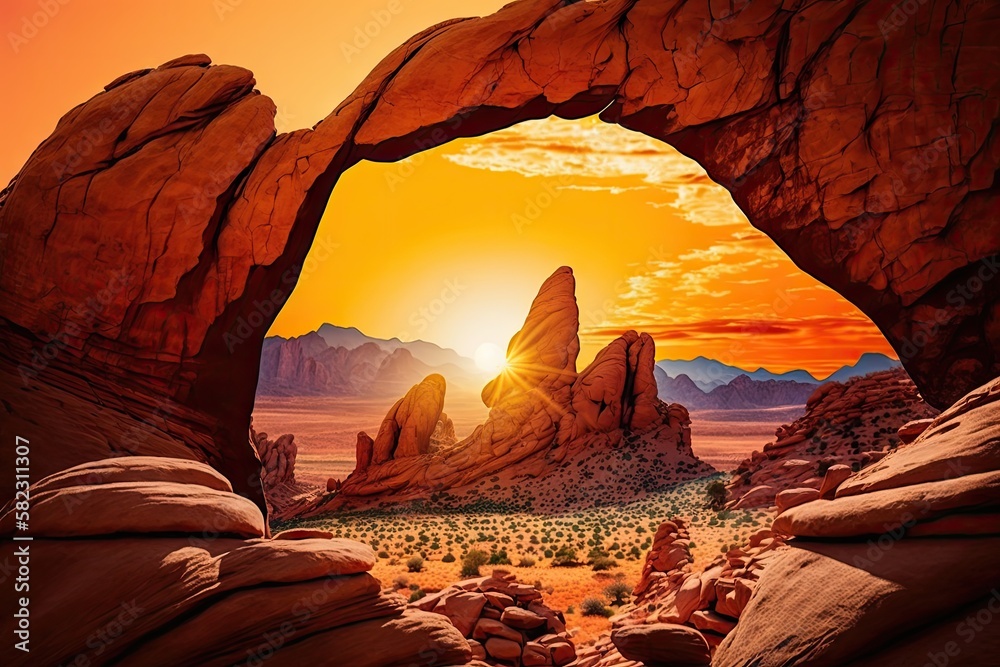 Sticker natural arch with red rock formations at sunset in desert, created with generative ai