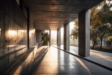 The concrete hallway with a park background has space for product displays. Generative AI