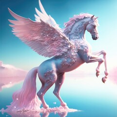 Fototapeta na wymiar pink Pegasus on the blue lake