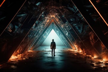 Background of Triangle tunnel in dark abstract sci fi. Man Standing with Rays of Glow. Generative AI
