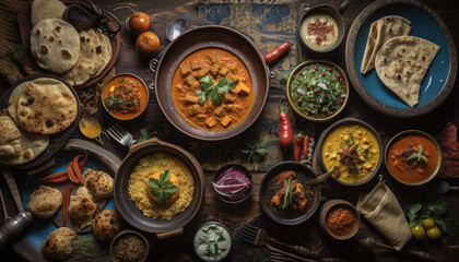 Fototapeta na wymiar Indian Food on a Wooden Table-Viewed From Above-Generative AI