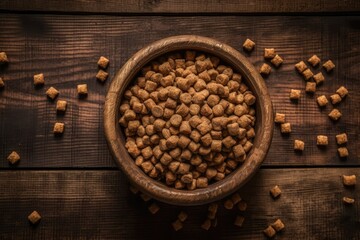 top view of a hardwood background with a bowl of dry dog chow. Generative AI