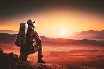 Vlies Fototapete Backstein A civilian cosmonaut marvels at the breathtaking Martian landscape, embracing the awe-inspiring experience of space travel and cosmic adventure. Generative AI