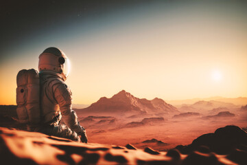 A civilian cosmonaut marvels at the breathtaking Martian landscape, embracing the awe-inspiring experience of space travel and cosmic adventure. Generative AI - obrazy, fototapety, plakaty