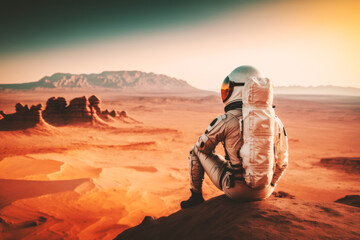 A civilian cosmonaut marvels at the breathtaking Martian landscape, embracing the awe-inspiring experience of space travel and cosmic adventure. Generative AI - obrazy, fototapety, plakaty