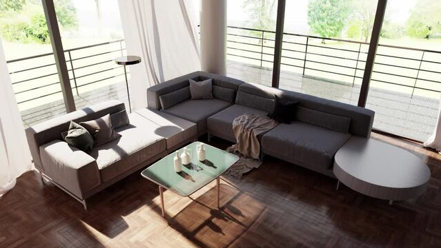 footage Illustration 3D rendering  large luxury modern bright interiors Living room mockup computer digitally generated image