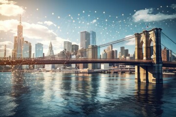 Fototapeta na wymiar Brooklyn and Manhattan bridges, daytime East River view of the financial district of New York City. Holographic artificial intelligence concept. Robotics, artificial intelligence, machine learning