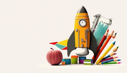 Back to school theme with a rocket with school supplies on white background, Back To School Pencils With Rocket Sketch