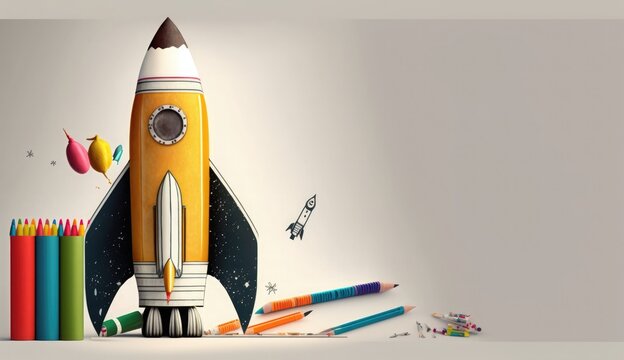 Back to school theme with a rocket with school supplies on white background, Back To School Pencils With Rocket Sketch