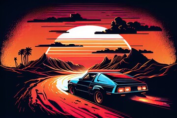 Obraz na płótnie Canvas 80s style illustration with car driving into sunset. Generative AI