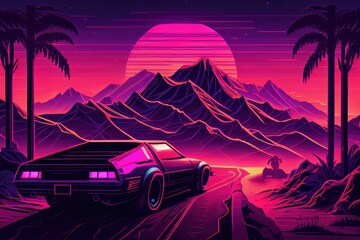 80s style illustration with car driving into sunset. Generative AI