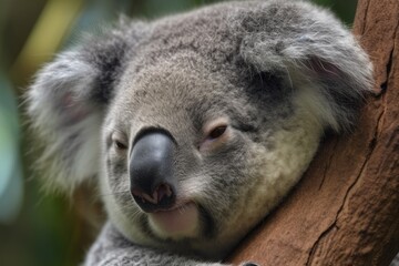 Using its razor sharp claws to hold on to the tree trunk, a koala sleeps in a eucalyptus tree. After consuming eucalyptus leaves, a cute grey koala bear takes a nap in a tree. Generative AI