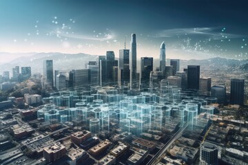 Los Angeles panorama cityscape downtown at day time, California, USA. Skyscrapers of LA city. Hologram of Artificial Intelligence concept. AI and business, machine learning, neural network, robotics