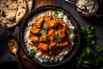 Fototapeta premium Masala chicken tikka naan bread and rice in a spicy curry with meat on a wooden platter on a black stone background. Generative AI