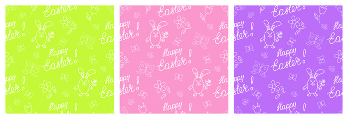 Happy Easter seamless pattern with greeting lettering, rabbit, butterfly, bee and flowers. Each pattern is isolated. Cute seamless print for Easter card, wrapping paper, background, etc. Vector set.