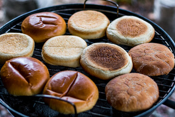 Hamburger buns on the grill