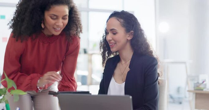 Teamwork, tablet and business women in office helping coworker with project. Coaching laptop, collaboration and intern in training talking to mentor with touchscreen technology in company workplace.