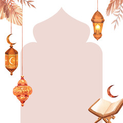Watercolor frame golden lamp lantern with candle and dry flowers. Hand-drawn illustration isolated on white background. For islamic celebration day ramadan kareem, eid al fitr adha, arab design.