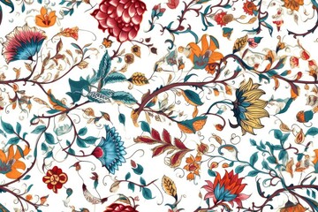Illustration of an ethnic antique multicolored seamless motif design with digital flowers and foliage. Leaves, botanical plants, branches, and floral components. an all white background. Generative AI